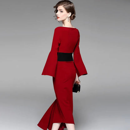 New irregular waist-tightening dresses red medium-length dress for solid slash neck flare sleevebanquet in 2025