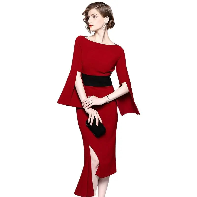 New irregular waist-tightening dresses red medium-length dress for solid slash neck flare sleevebanquet in 2025